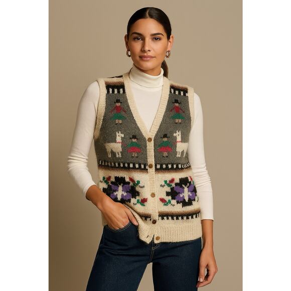 Vintage Alpaca Sweater Vest Woman’s Peruvian Wearable Art Boho Knit Button - Picture 1 of 7